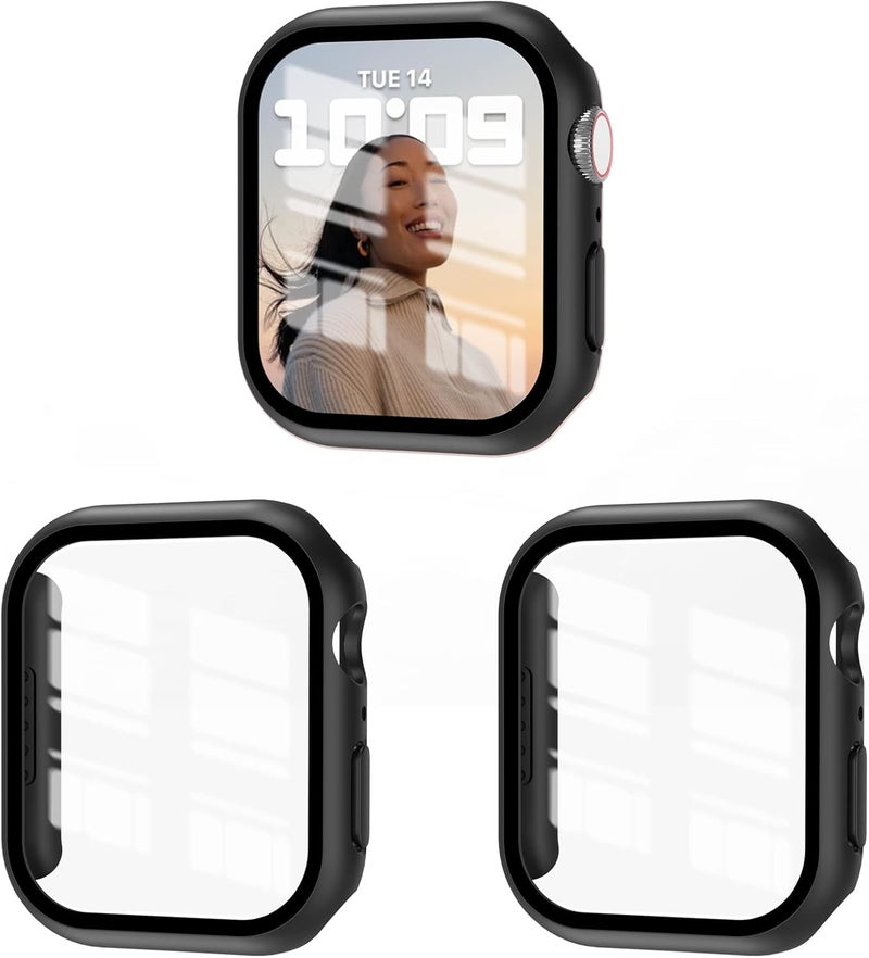 EWUONU 3 Pack Case Compatible with Apple Watch Series 9/8/7 41mm with Tempered Glass Screen Protector, Hard PC Full Coverage Ultra-Thin HD Bumper Protective Cover for iWatch 41mm, Black/Black/Black - Image 1